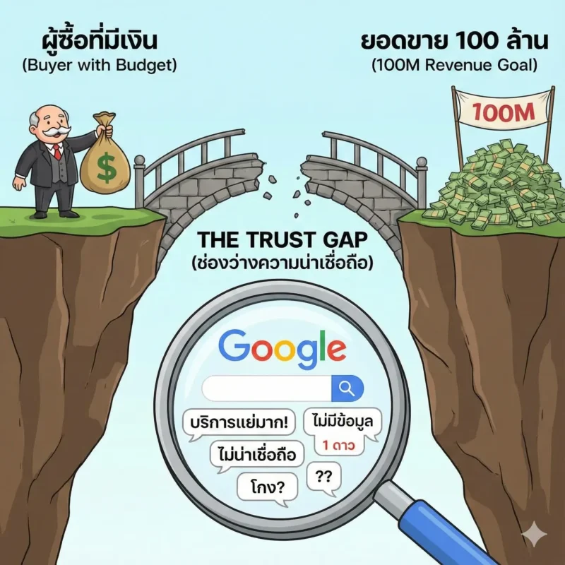 7Exit - The Trust Gap ภาพนี้สื่อให้เห็นว่าหากไม่มีความน่าเชื่อถือ ลูกค้าจะไม่สามารถข้ามมาสู่การซื้อขายได้ แม้จะมีงบประมาณก็ตาม